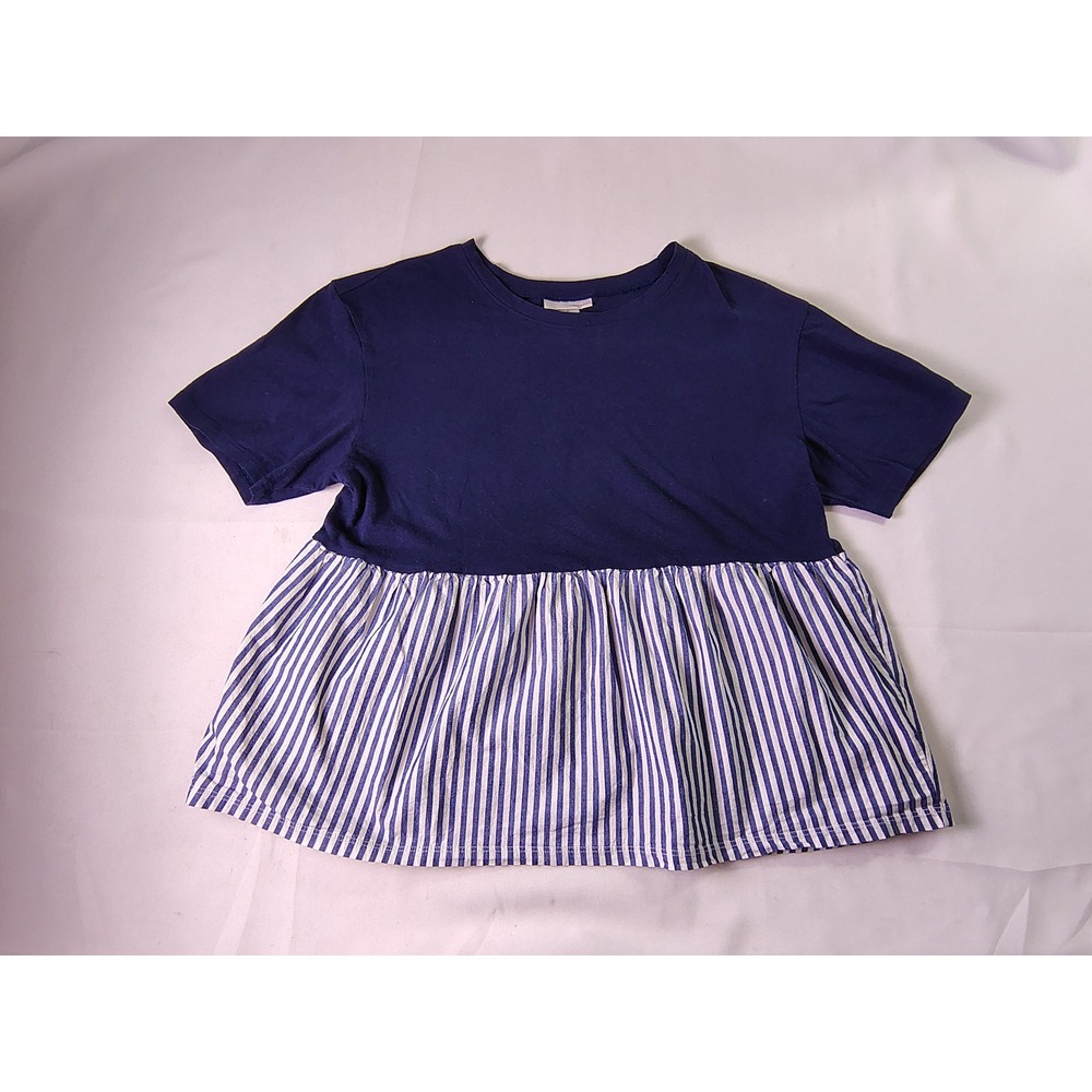 Halogen Womens Petite Medium Navy Blue Striped Mixed Media Babydoll Peplum Top